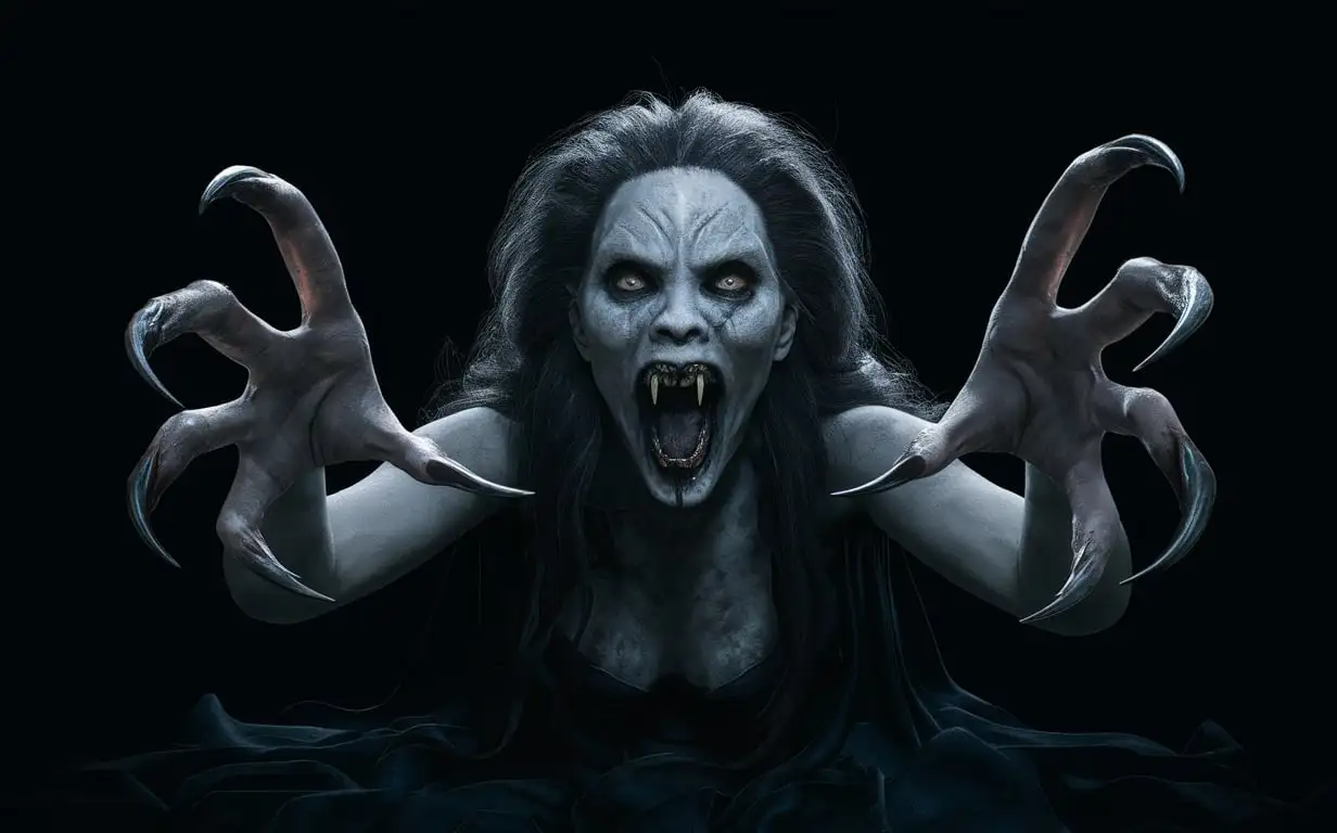 A photorealistic scene of a wild, monstrous vampire woman emerging from the darkness, with an eerie and haunting atmosphere. The vampire has extra long pointed fingernails on each hand, resembling the claws of a predator, and her mouth is threateningly open, revealing terrible teeth that look like fangs. She appears as if she climbed out of the grave, with hyper-realistic details such as full anatomical precision and highly textured features. The scene is cinematic, with intense and atmospheric lighting that emphasizes the smallest details, creating a realistic and aggressive dark atmosphere. The focus is on creating a high-quality, hyper-realistic portrayal of this undead creature, ensuring that every aspect is detailed and textured to convey a sense of horror and terror. The aim is to generate a night-time scene that is truly creepy, spooky, and terrifying while maintaining realistic anatomy and flawless execution