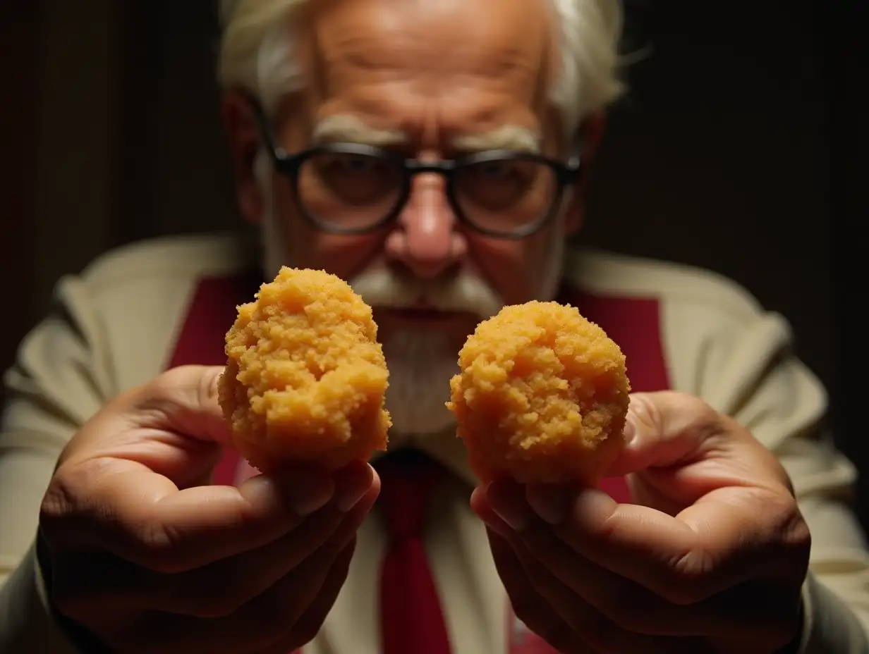 KFC'S COLONEL SANDERS holding two identical bell shaped nuggets. studying them. cinematic, close up, dramatic lighting