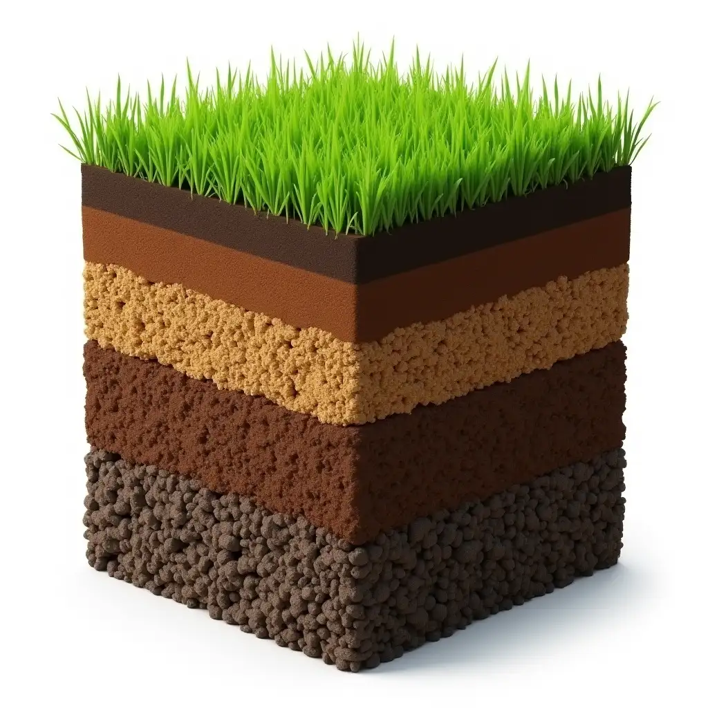 A cube of soil with different layers of profile as it is in reality. There should be grass at the top, then a humus horizon, followed by gradually changing layers of soil and subsoil. The background is transparent. The view is from one side of the soil cube, showing part of the upper area, with horizons visible on the left and right. The bottom layer should consist of finer soil particles or smaller rocks, without large stone chunks.