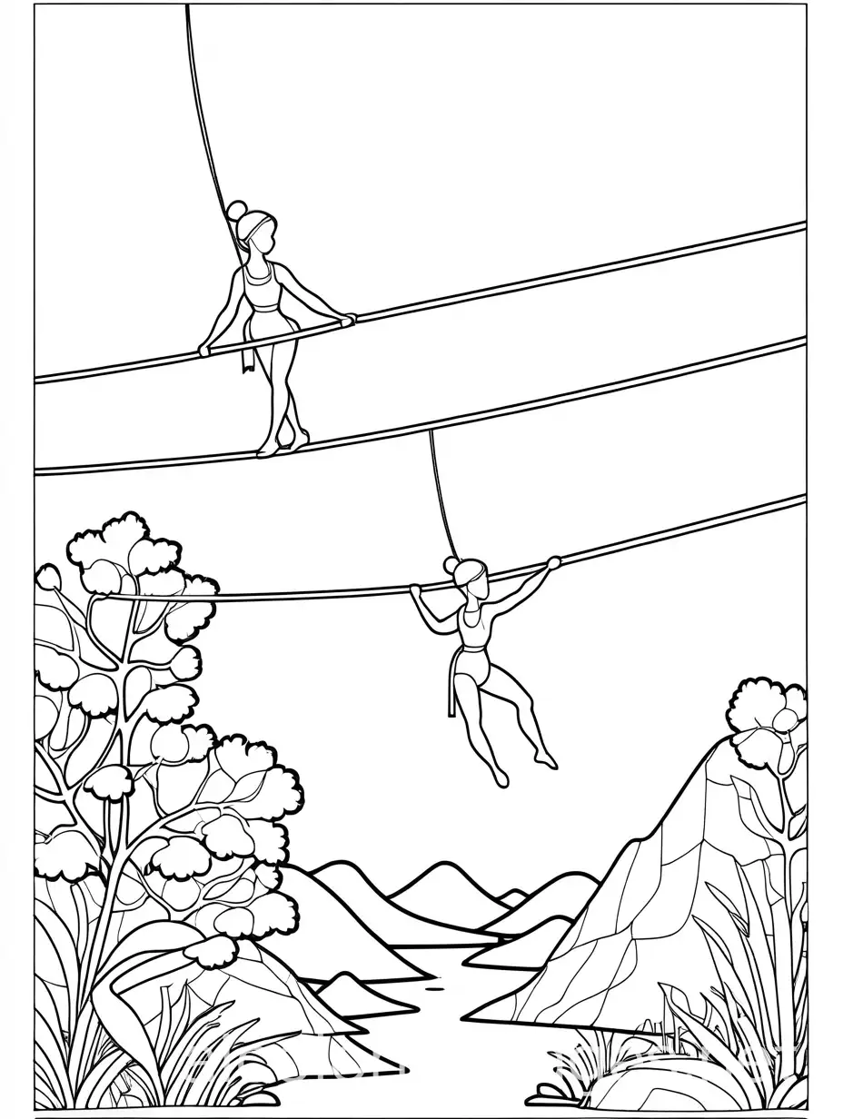 coloring book image of acrobat Tightrope Walkers, Coloring Page, black and white, line art, white background, Simplicity, Ample White Space. The background of the coloring page is plain white to make it easy for young children to color within the lines. The outlines of all the subjects are easy to distinguish, making it simple for kids to color without too much difficulty