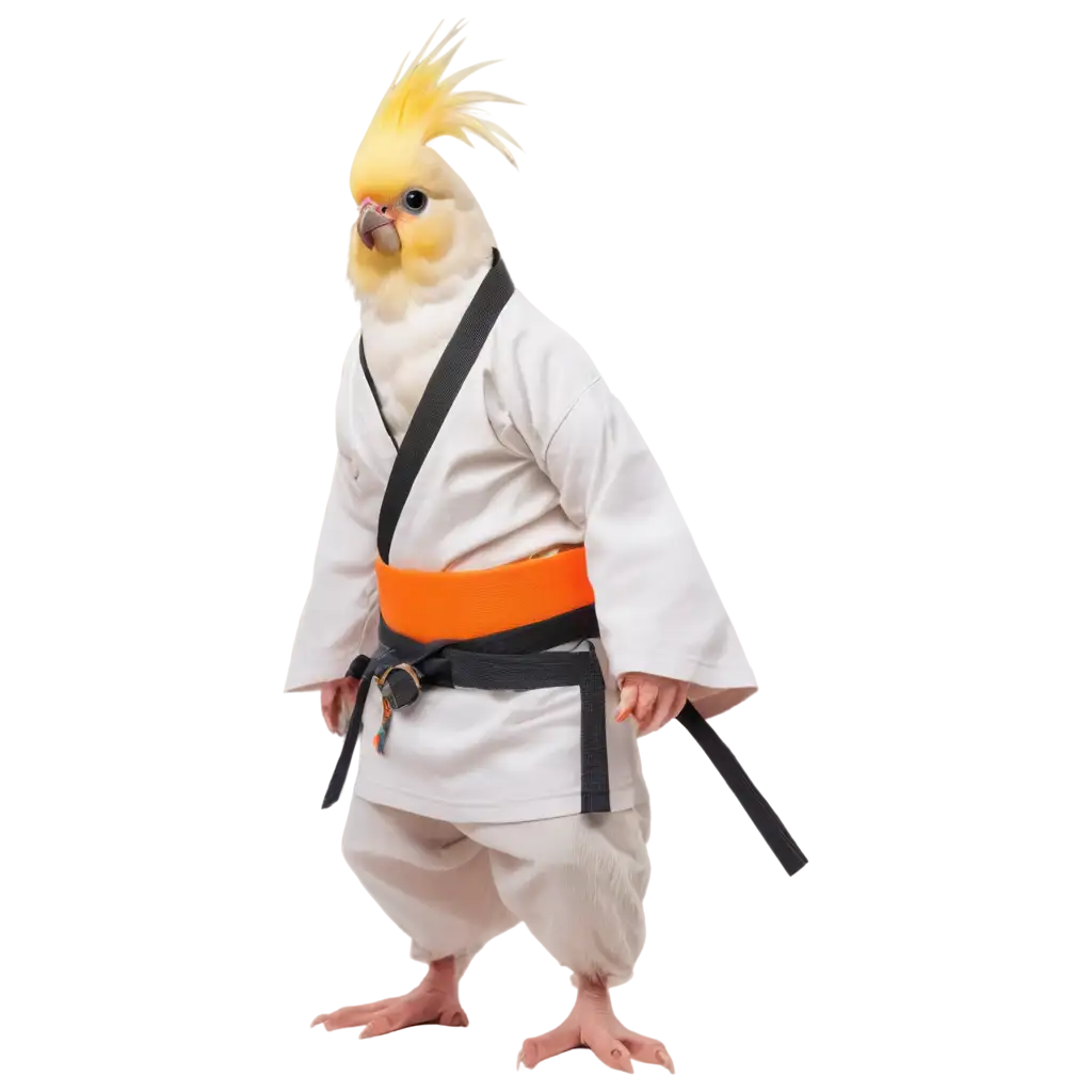 PNG-Image-of-Cockatiel-in-Karate-Kimono-with-Orange-Belt-AIgenerated-Art-Prompt