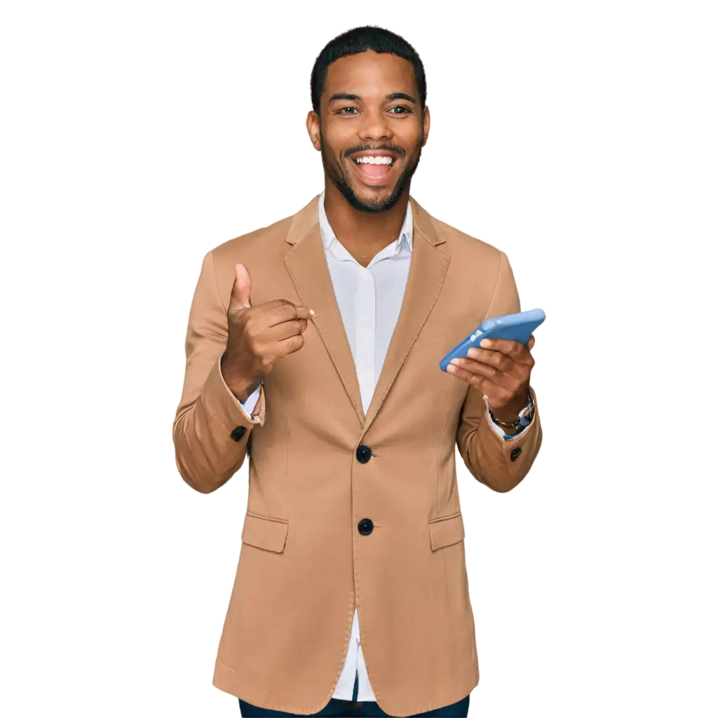 A AFRICAN AMERICAN MAN REJOICE GETTING GOOD NEWS ON HIS SMARTPHONE