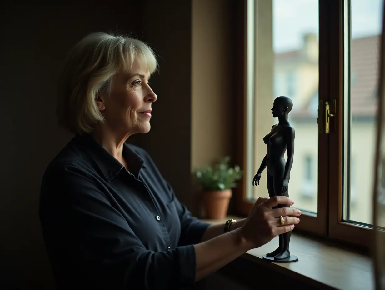 female spy, middle aged woman, holding a lifelike figure at the window, bust up