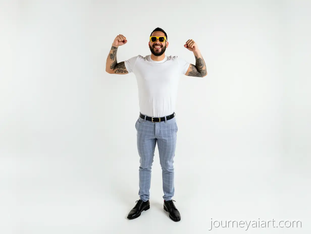 Smiling-Man-in-Yellow-Sunglasses-on-White-Background-Showing-Tattooed-Arms