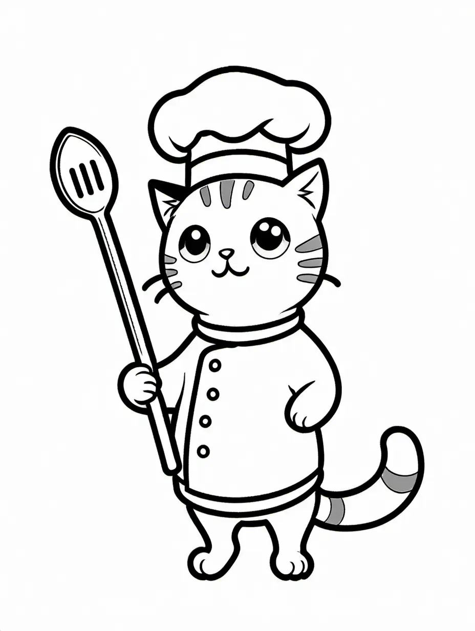 Cat cooking (wearing a chef’s hat and holding a ladle), Coloring Page, black and white, line art, white background, Simplicity, Ample White Space. The background of the coloring page is plain white to make it easy for young children to color within the lines. The outlines of all the subjects are easy to distinguish, making it simple for kids to color without too much difficulty