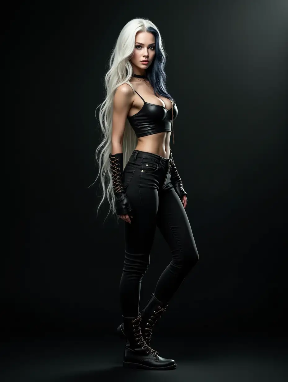 Depiction of a beautiful white woman with long mixed white-black hair in a futuristic style and black jeans pants and laced boots Blurry black background (120mm) shot poster