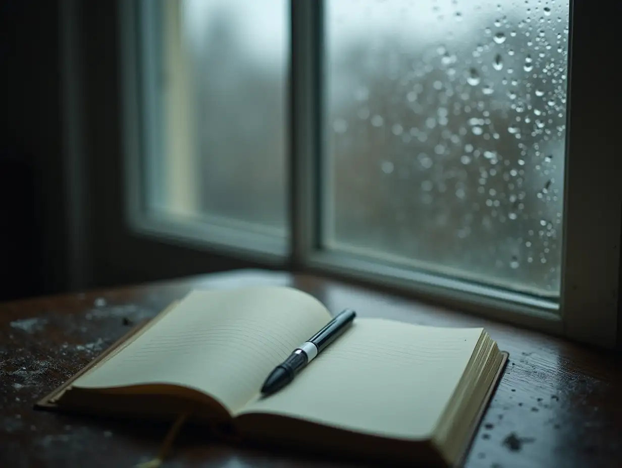 Open notebook with pen lays by a rainy window, invoking a mood of contemplation