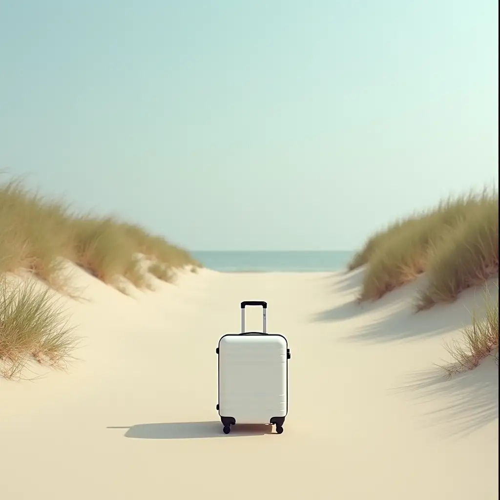 Surreal Beach Scene with Suitcase on Sand