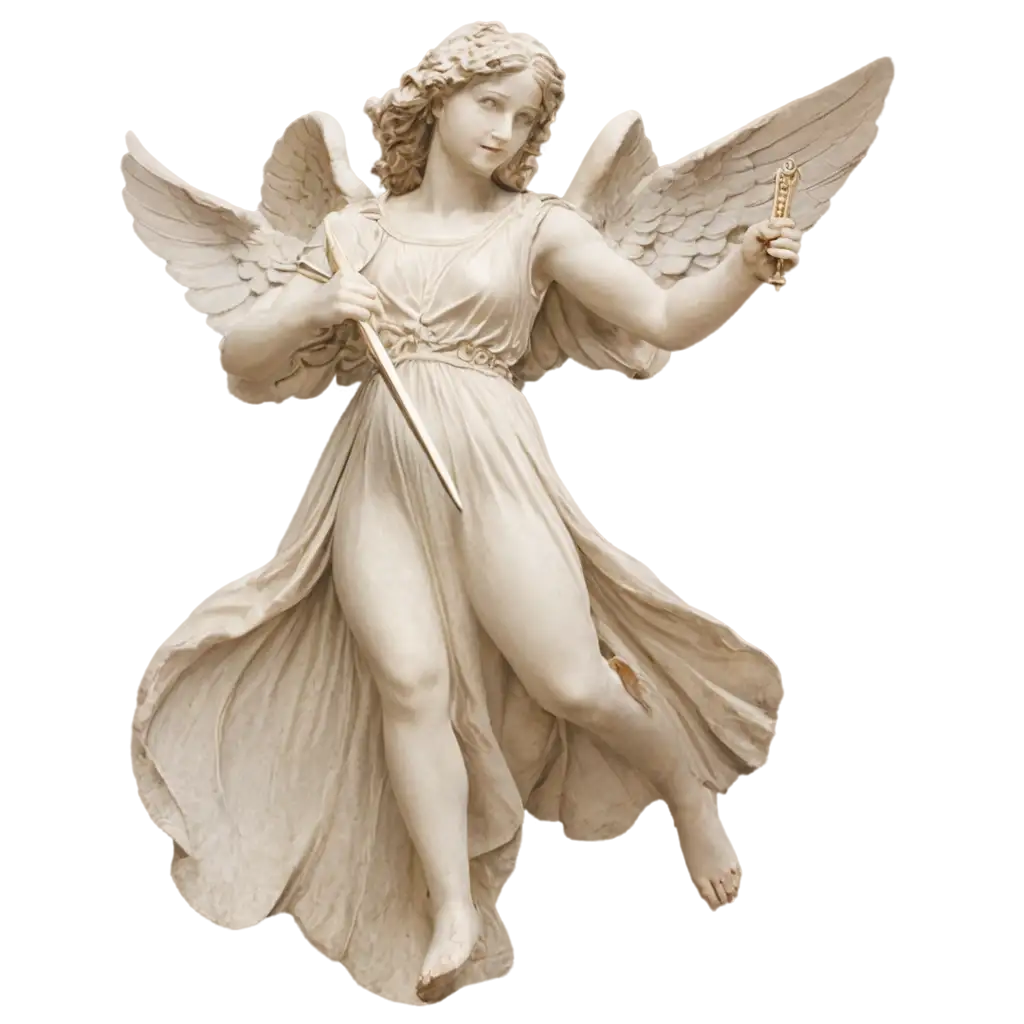 make roman sculpture of an angel opening her wings and having a sword in her hand