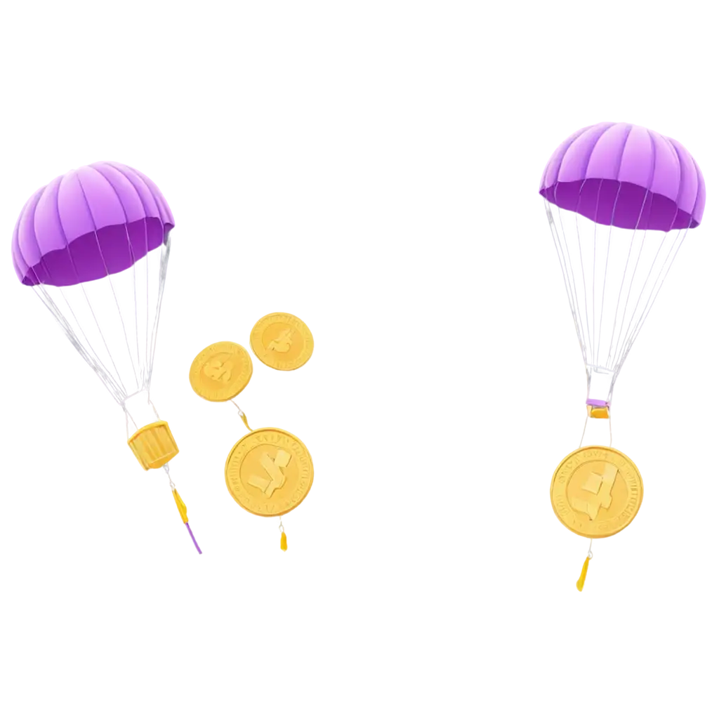 several gold coins with attached parachutes , purple parashoot