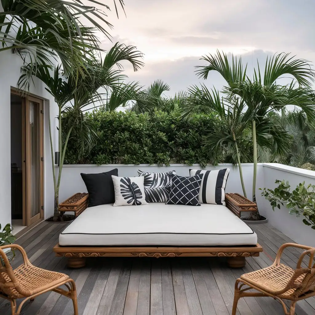 Balinese Woodwork Daybed with Raphis Palms and Rattan Chairs in Tropical Setting