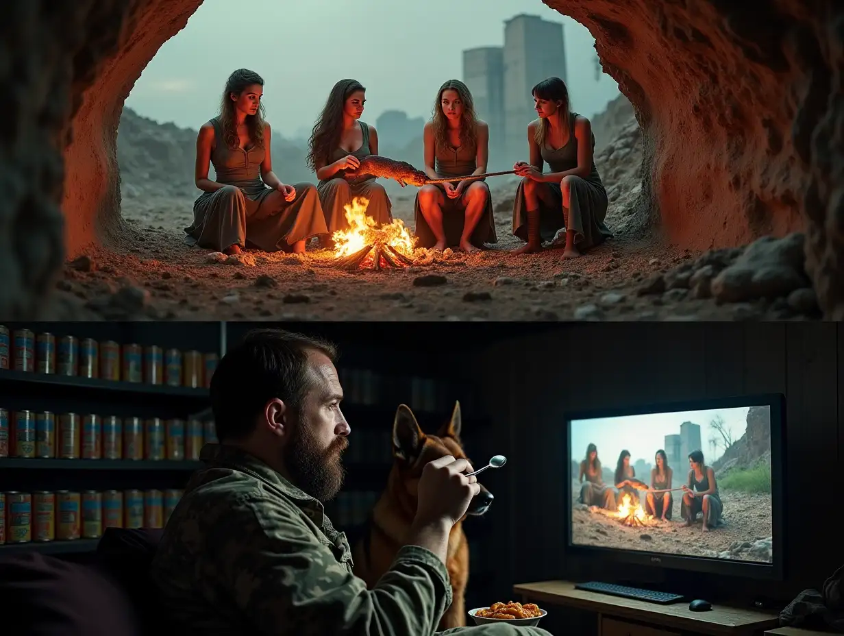 user_prompt: The image is divided into two parts horizontally. At the top, on the ground amidst ruins, a group of three glamorous women in tattered rags, are roasting a rat on a spit over a fire. Below, from a bunker, a bearded man in camouflage sits on a couch, watching this scene with interest on a monitor screen, eating canned stew with a spoon, next to the man sits a German shepherd. Along the wall of the bunker shelves with rows of cans of canned food. Photorealism.