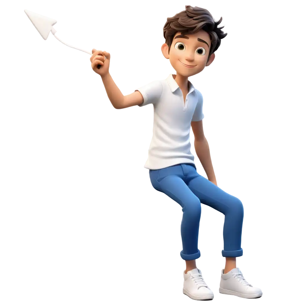 A cartoonish 3D boy wearing blue pants and a white shirt, sitting on a curved upward-pointing arrow looking in the front and the boy sitting from the right