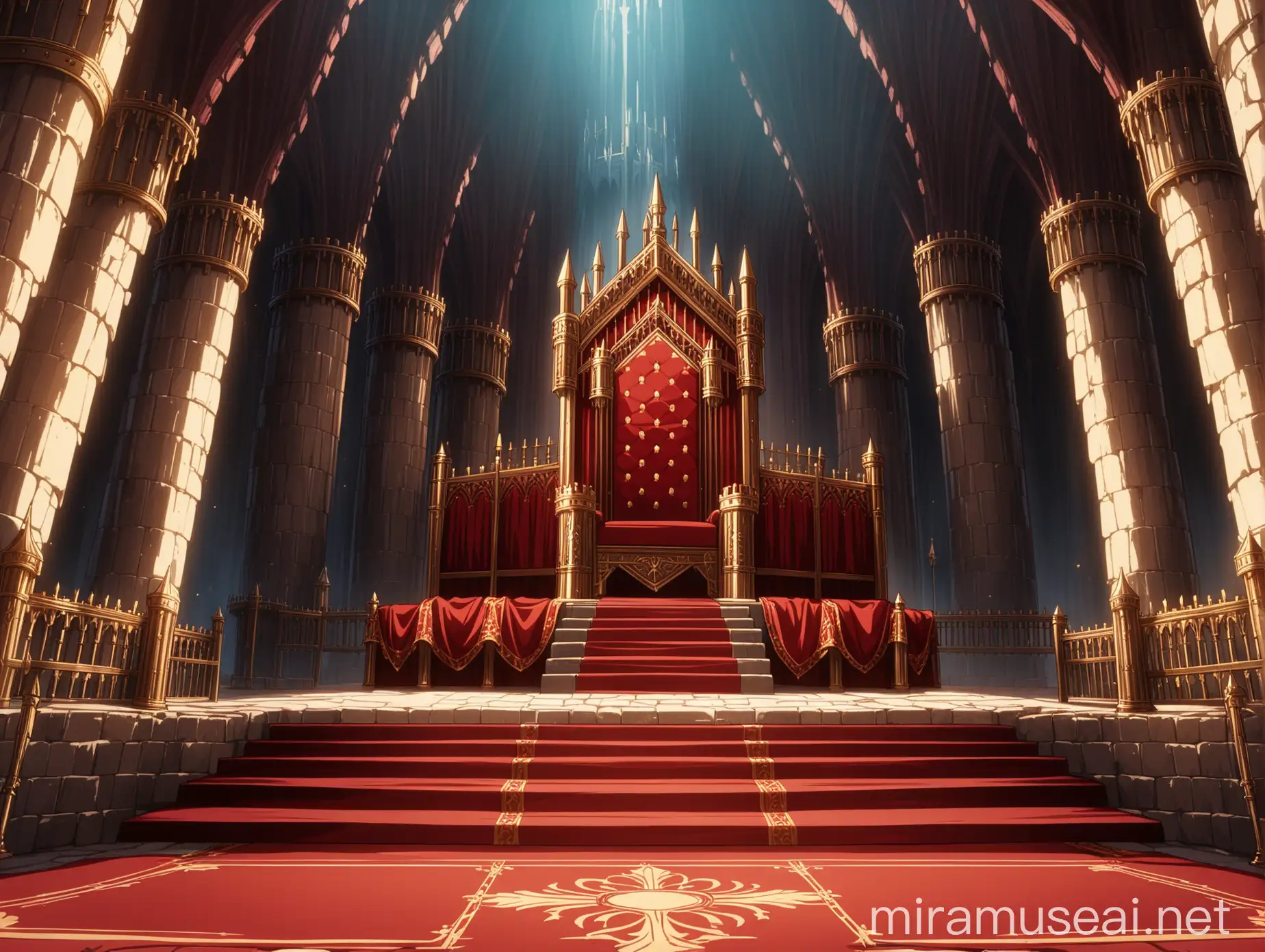 An anime medieval throne area castle,  red noble carplet, medieval king throne, noble, in epic anime