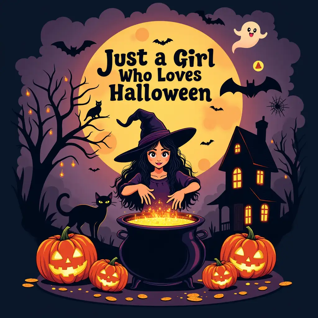 Vector illustration. the words 'Just a Girl Who Loves Halloween' in bold, in the center of the image. A witch casting a spell over a cauldron of bubbling potion, surrounded by pumpkins, a haunted house, and a black cat. A spider spins a web in the corner, and a ghost floats nearby. Bats fly through the air, and lanterns illuminate the scene. seamless design