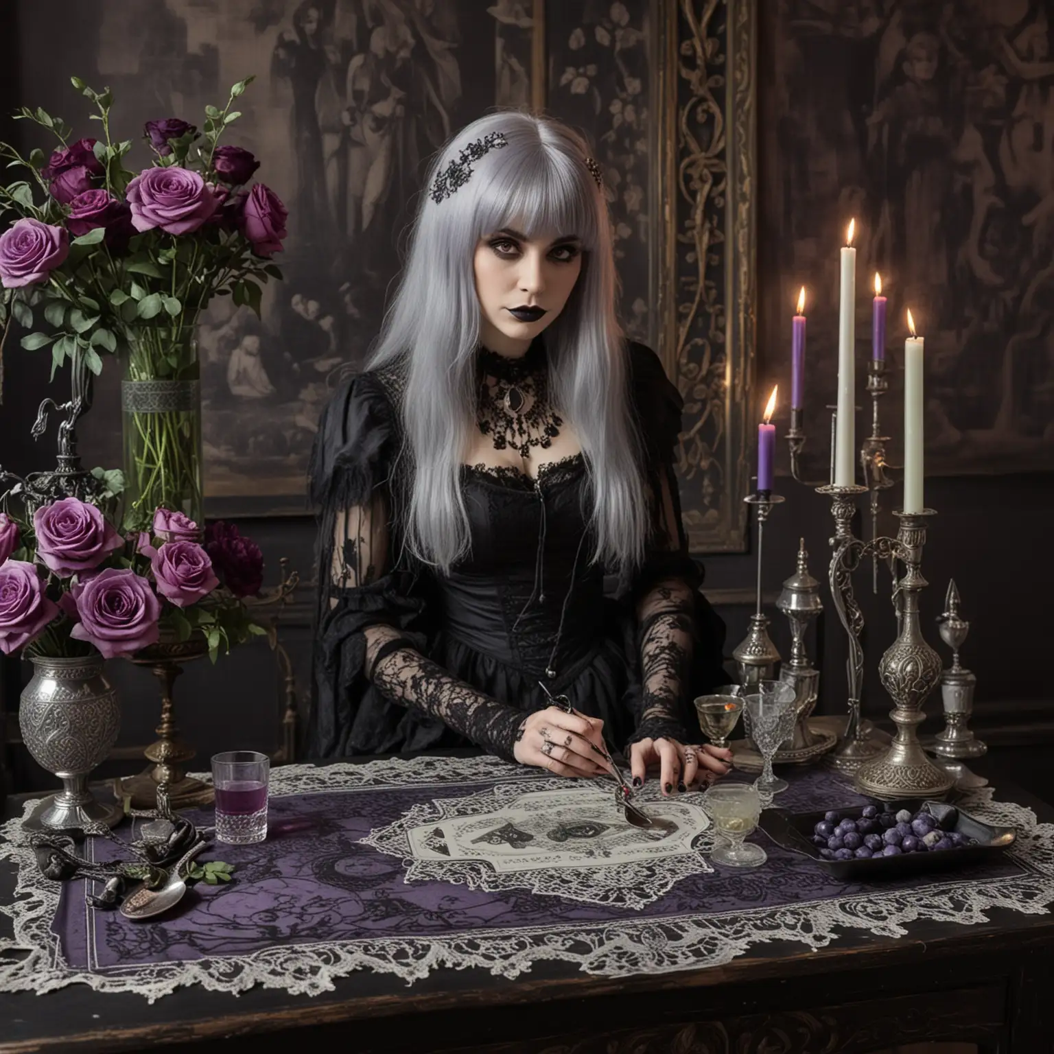 large gothic table with an absinth spoon and glass. violet rose arrangement. Goth woman with long grey hair with bangs behind the table. Violet lace blouse. tarot cards