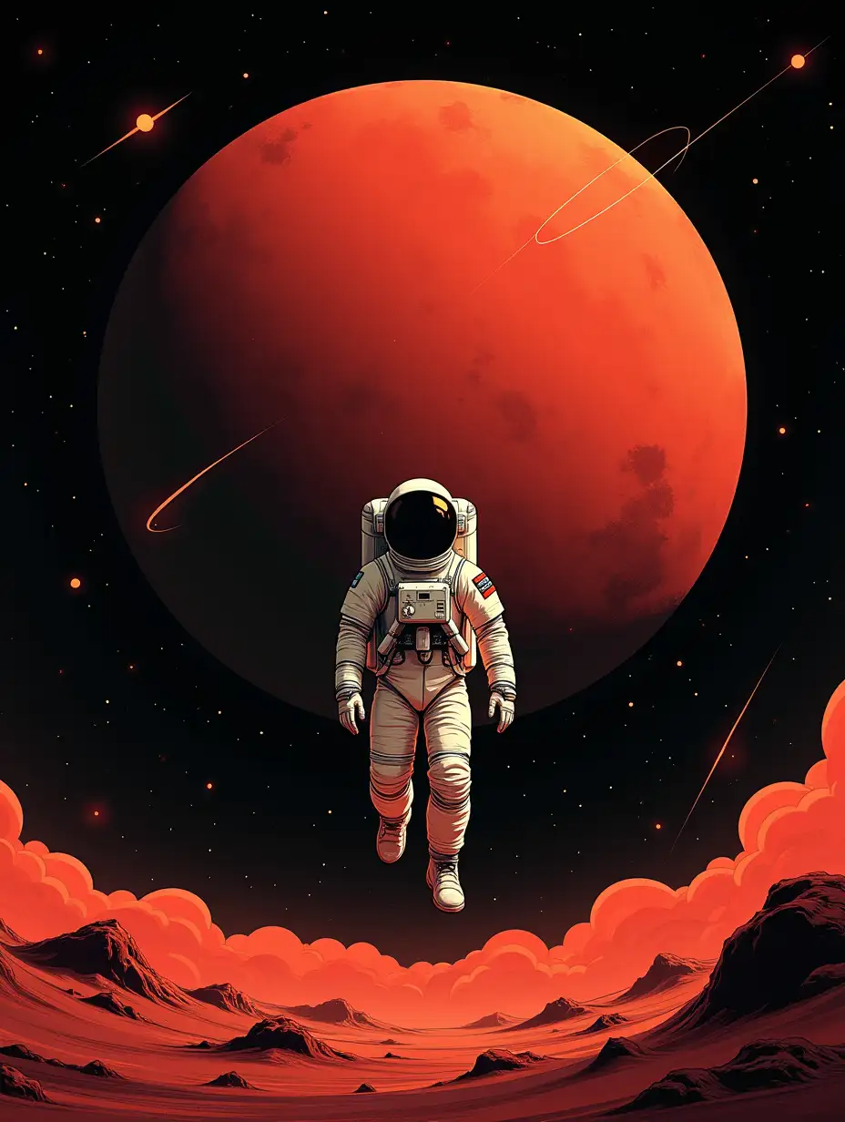 Futuristic illustration in the style of retro-futurism: an astronaut in a detailed spacesuit floats in open space in front of a huge red planet, reminiscent of Mars. The cosmos around is filled with bright meteor trails, particles of dust and stars. The color palette consists of deep blacks and red-orange hues, creating an atmosphere of mystery and adventure. The illustration is done in a graphic style with clear lines, contrasting shadows, and retro-scientific aesthetics