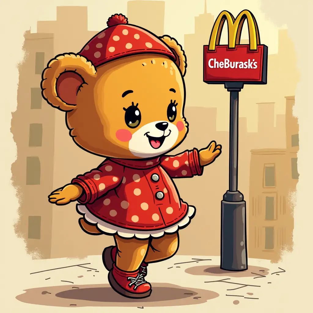 chat please draw a logo with a cheburasha named liza, called cheburaska, dancing tap dancing next to mcdonald's at the red square. The cheburashka’s name is liza, it is also a brand name.