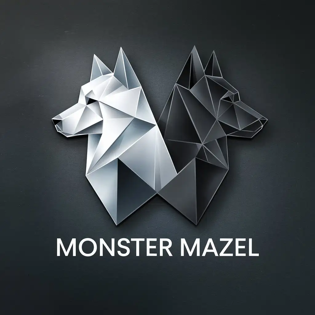 LOGO Design for Monster Mazel White Samoyed Black Svensk Lapphund Heads with Light Origami Style on Dark Steel Blue Background