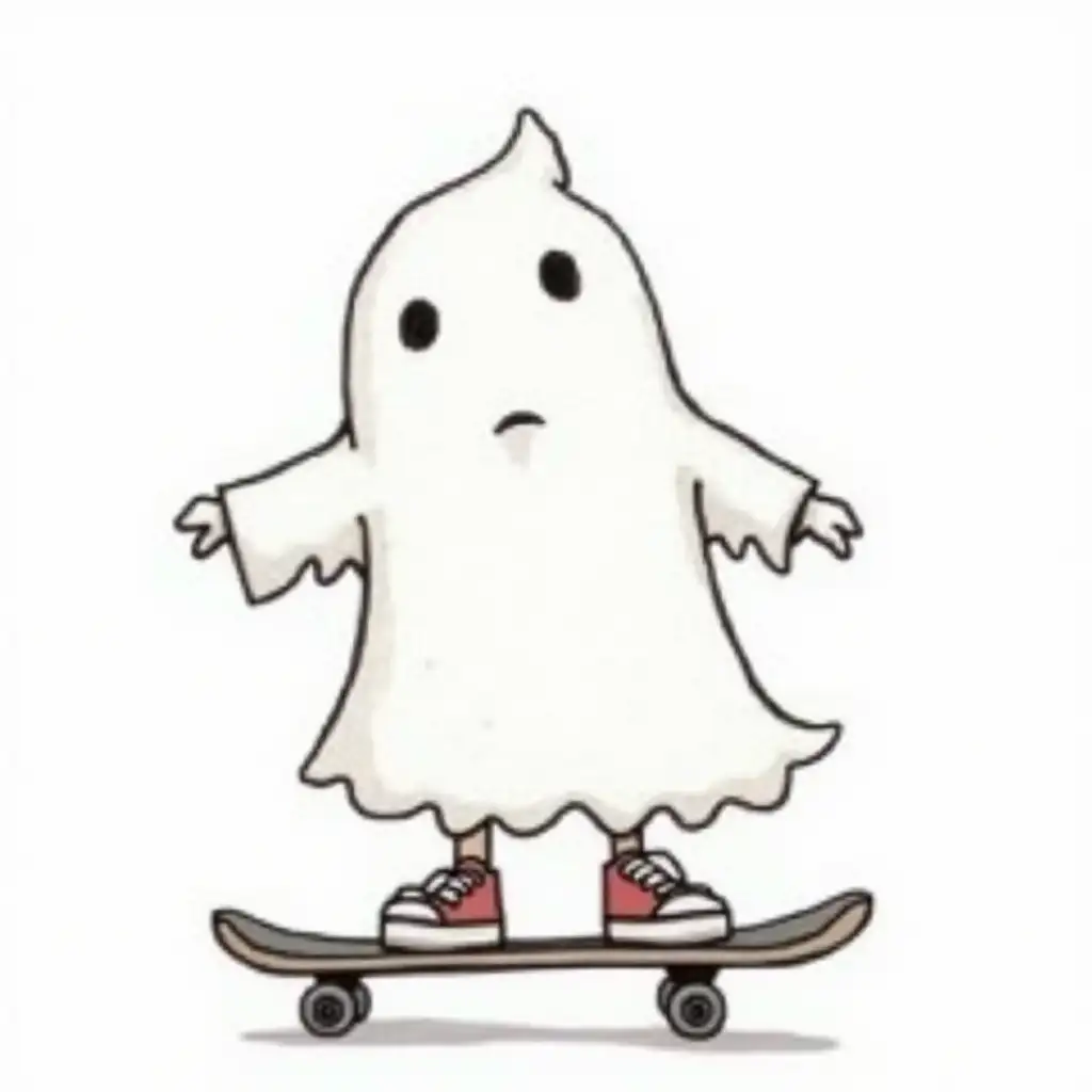 Cartoon Ghost Skateboarding with Sneakers in Crayon Drawing