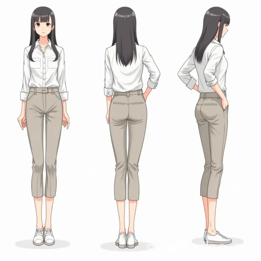 Character sheet, with different shot size (closeup, full body, side view) newcomer to the company's workplace, freshly graduated female , long hair, Japanese manga style, oriental face, 6 action poses from different angles (at least one backside is included), required to look the same, each pose is spaced far apart from each other each pose should be far away from each other