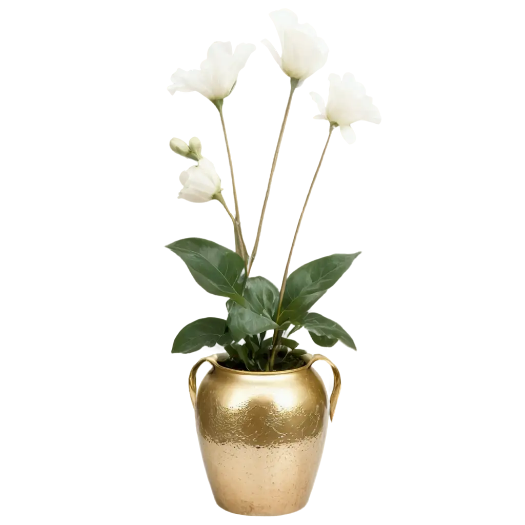 Golden-Vase-with-White-Flower-and-Green-Leaves-PNG-Image-Exquisite-Floral-Artwork