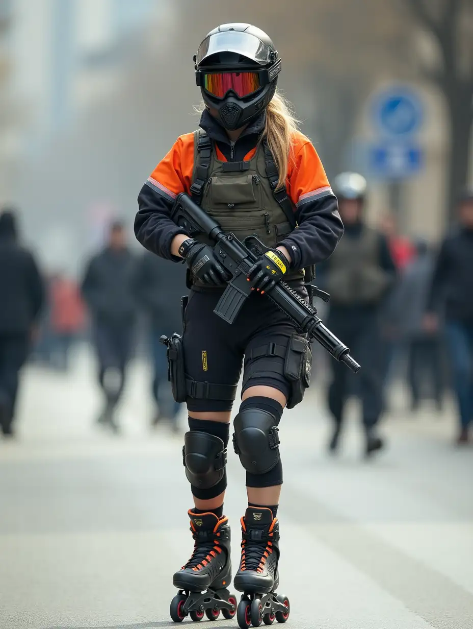 a 17 year old airsoft geared woman at a distance, she is skating on a street, holding a weapon, ordinary people in background, clothes have racing colors, she is wearing lots of functional sportswear, cycling gloves, airsoft helmet with transparent visor over eyes, smartwatch, thick plastic knee pads, modern inline skates with complete organized wheels