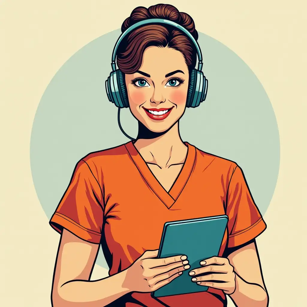 nurse with headphones and a tablet in the pop art style with an orange shirt