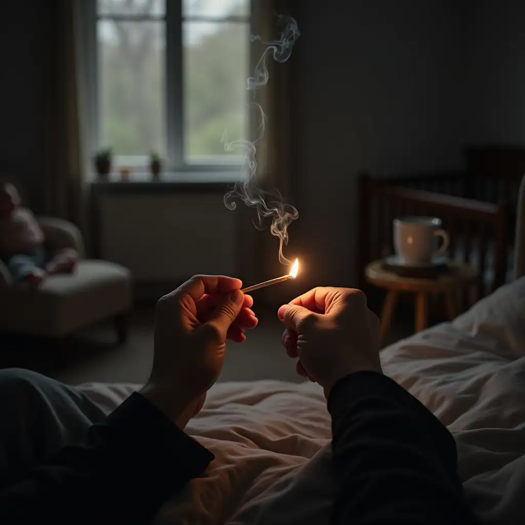 Pov First-person perspective of Oppenheimer sitting on the edge of his bed, lighting a cigarette. The view shows the flame from a match illuminating his fingers. Wisps of smoke rise in the dim morning light. In the background, a cup of coffee sits on a small table, and a crib with a baby is partially visible. The air feels thick with contemplation