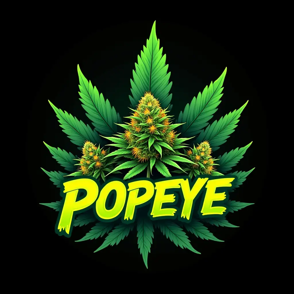 A bold and modern 2D digital logo design featuring three bright, vibrant green cannabis buds with intricate detailing and fiery orange pistils. The buds rest on a layered backdrop of deep green marijuana leaves, creating a sense of depth while keeping a flat, illustrated aesthetic. Each bud is surrounded by an intense, neon-toxic green outline that makes them pop against the solid black background. Above the central bud, the word ‘Popeye’ is displayed in a custom, high-impact font with a slightly futuristic, edgy feel. The typography is integrated seamlessly, complementing the organic shapes of the buds and leaves while maintaining perfect readability. The overall design is sharp, professional, and visually striking—perfect for a high-quality T-shirt print