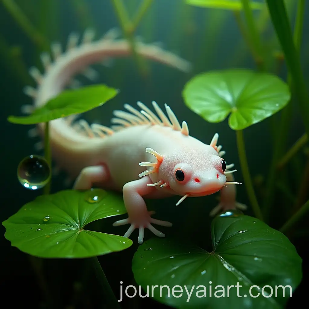 Axolotl-Swimming-in-Clear-Water-Surrounded-by-Floating-Leaves