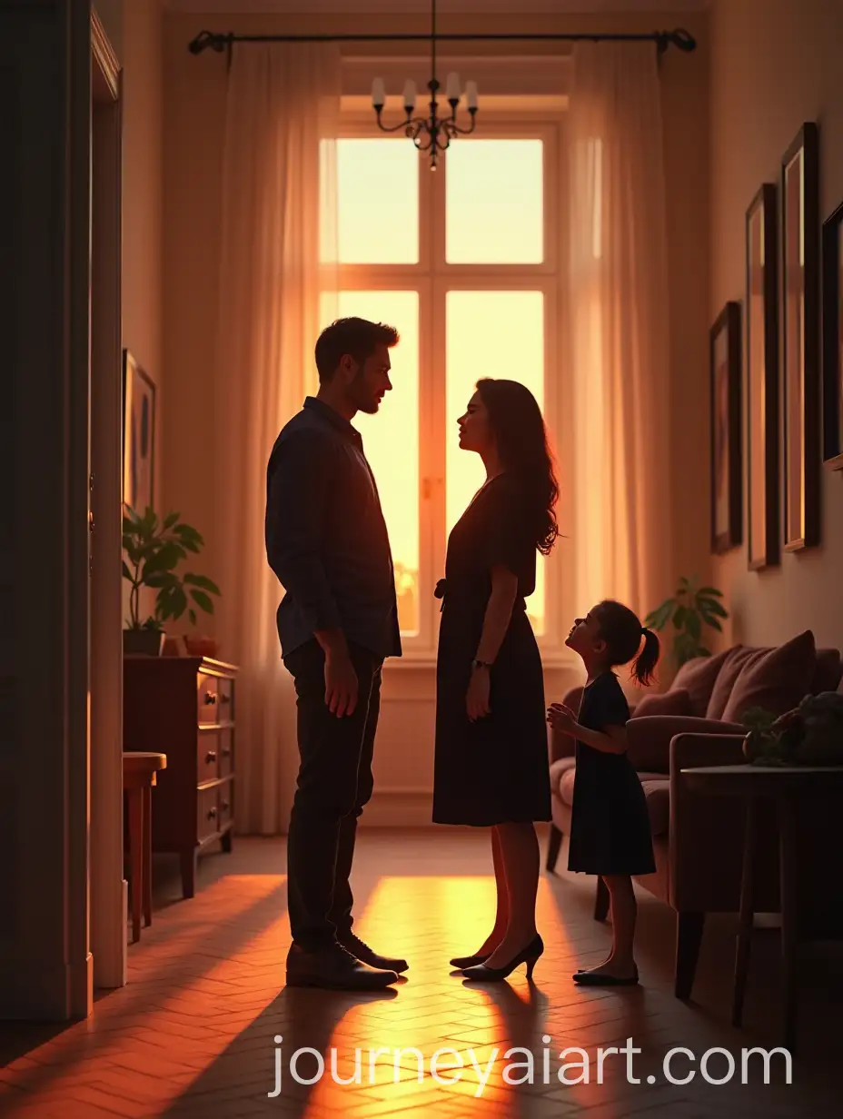 Emotional-Reunion-Under-the-Evening-Sun-with-a-Mother-Son-and-Woman-in-a-Spacious-Living-Room
