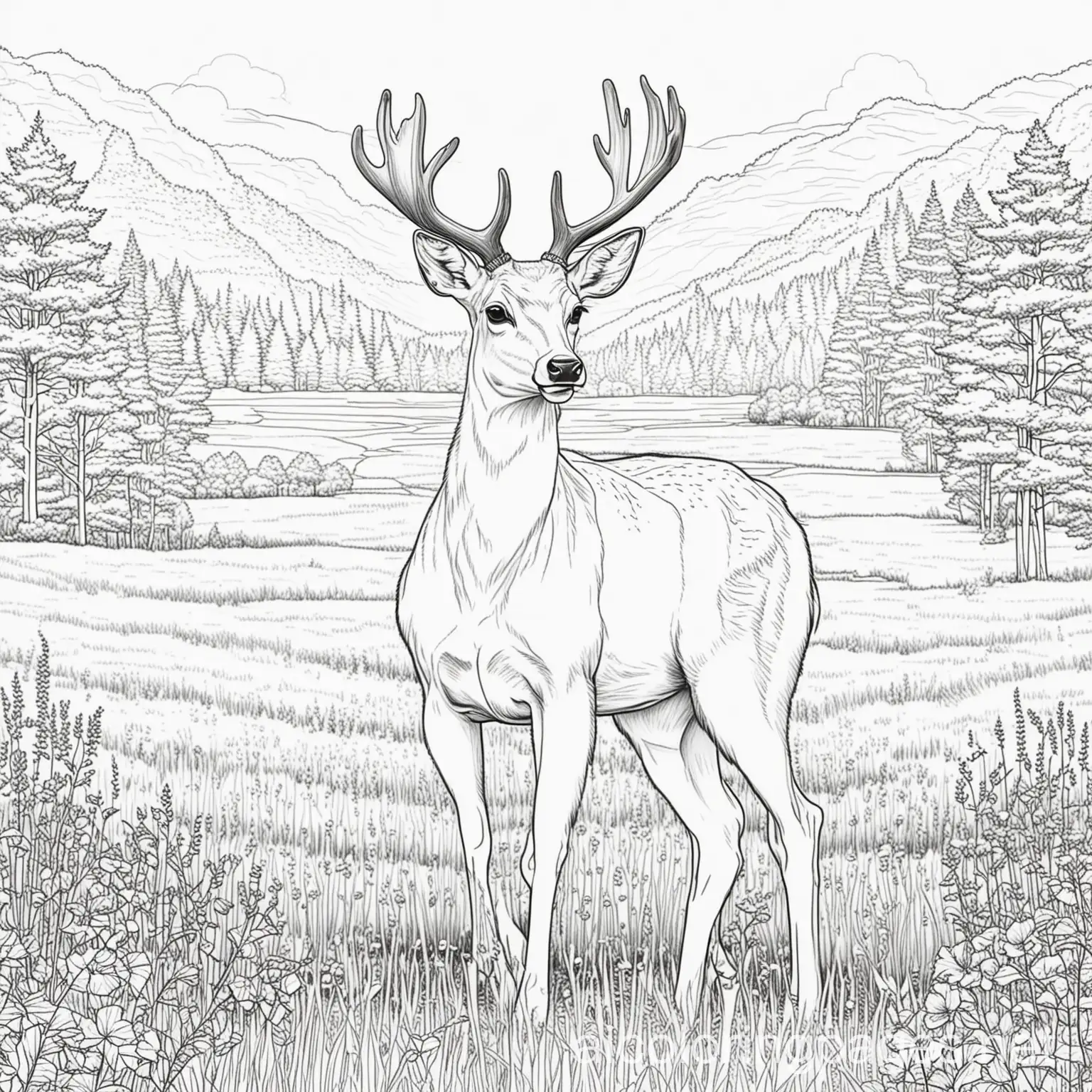 Deer in a field, Coloring Page, black and white, line art, white background, Simplicity, Ample White Space. The background of the coloring page is plain white to make it easy for young children to color within the lines. The outlines of all the subjects are easy to distinguish, making it simple for kids to color without too much difficulty