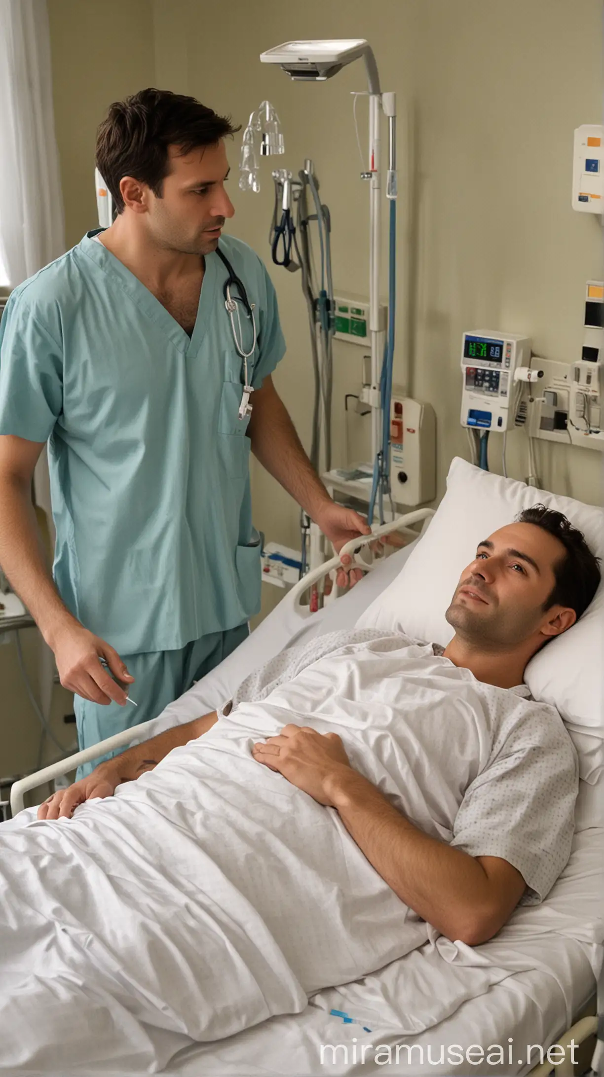 Man Visiting Male Patient in Hospital Room