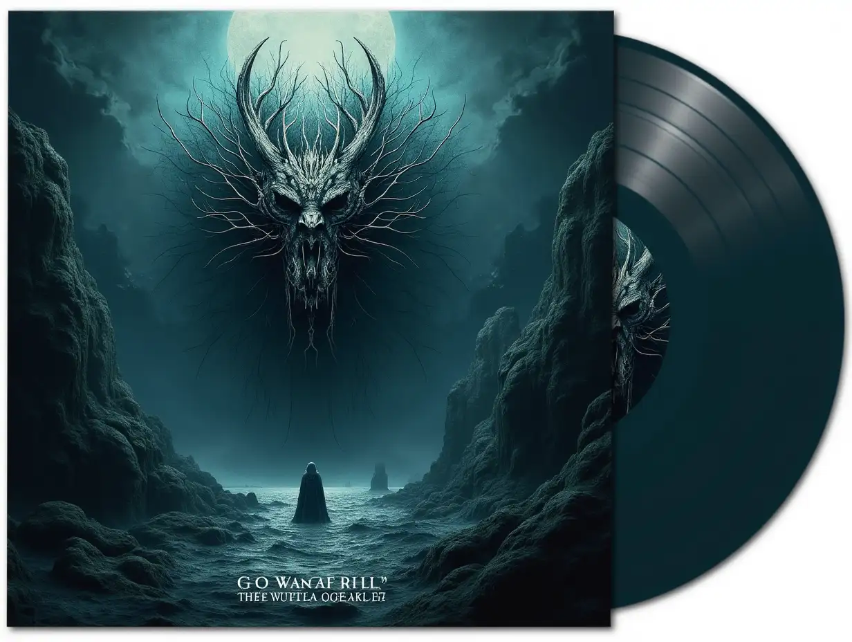 Create a dark fantasy, hyper-realistic vinyl album cover for 'Władca Oceanu Łez' ('Lord of the Ocean of Tears').