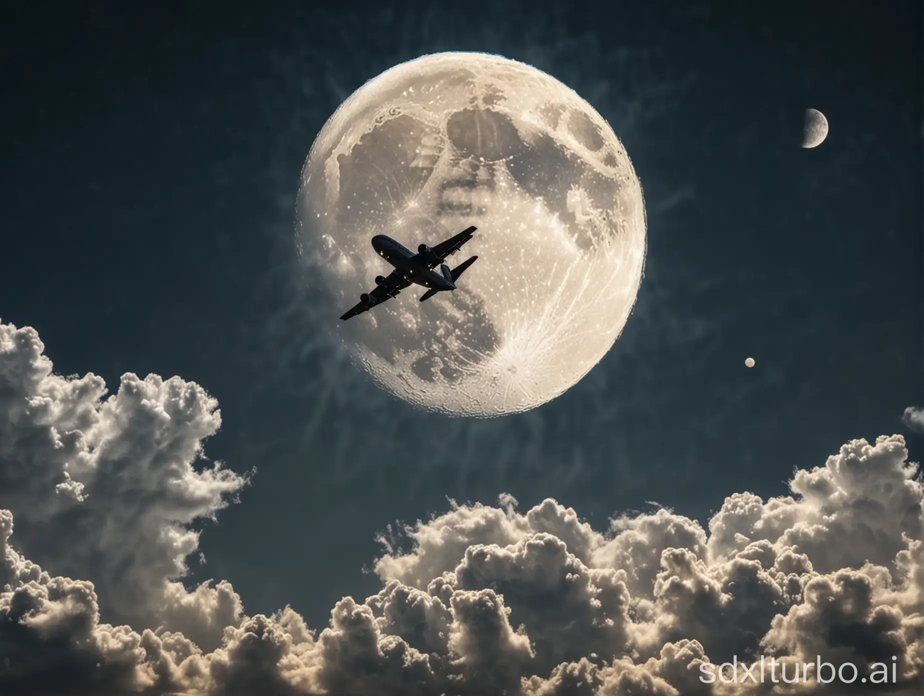 A breathtaking image of a plane flying over the cloud with a baackground of moon ( the same cloud effect for the plane and moon)