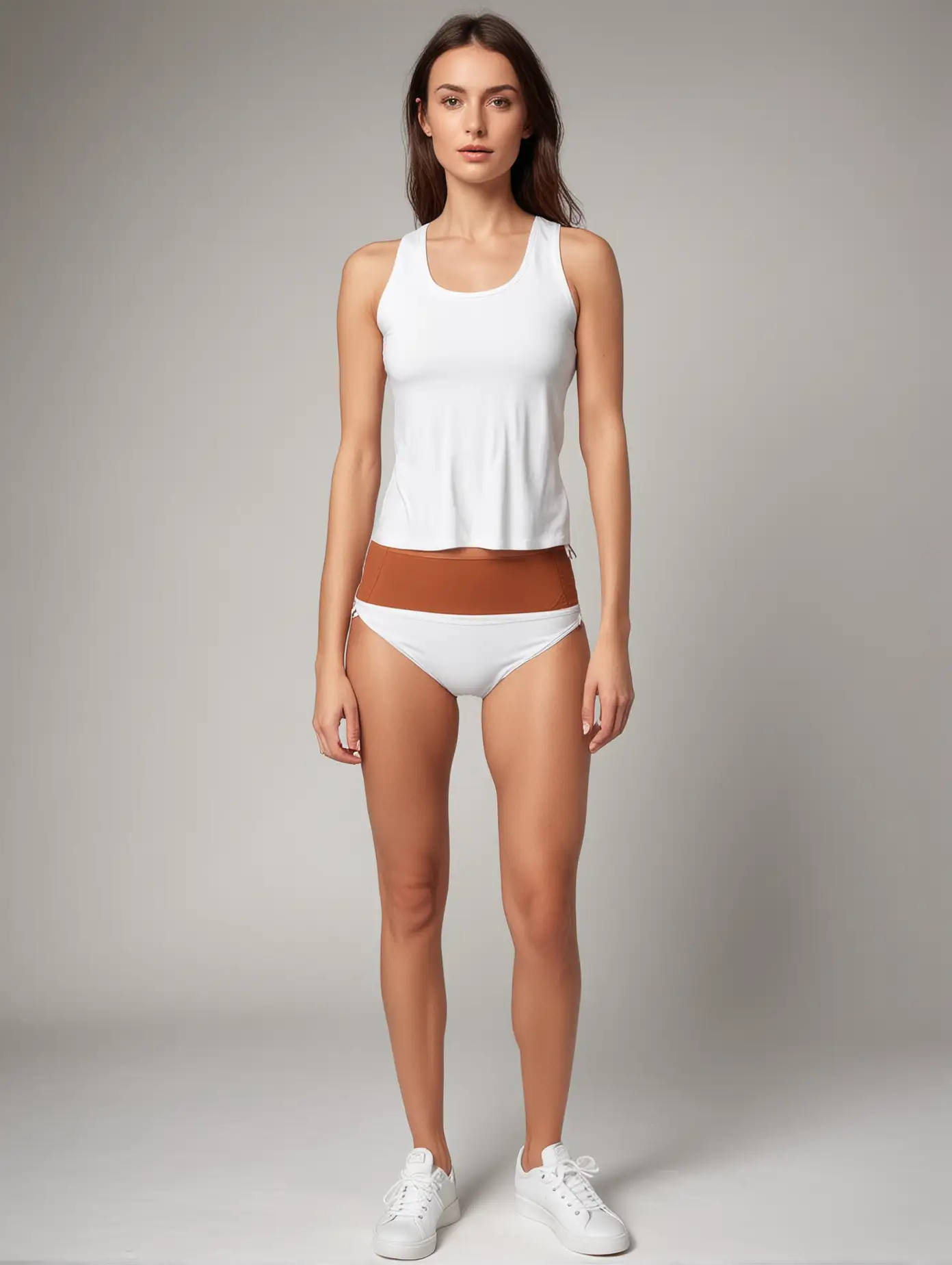 white outfit midriff "42yo woman very flat chest, skinny body slim waist" leggy, flat chest tight tanktop and tight shorts. white sneakers, studio photo,