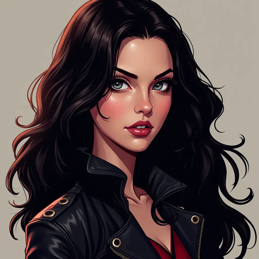 create a comic style illustration of a fantasy female assassin, she has a beautiful face with long dark wavy hair, simple make-up, fully clothed, closed mouth, cel-shaded,