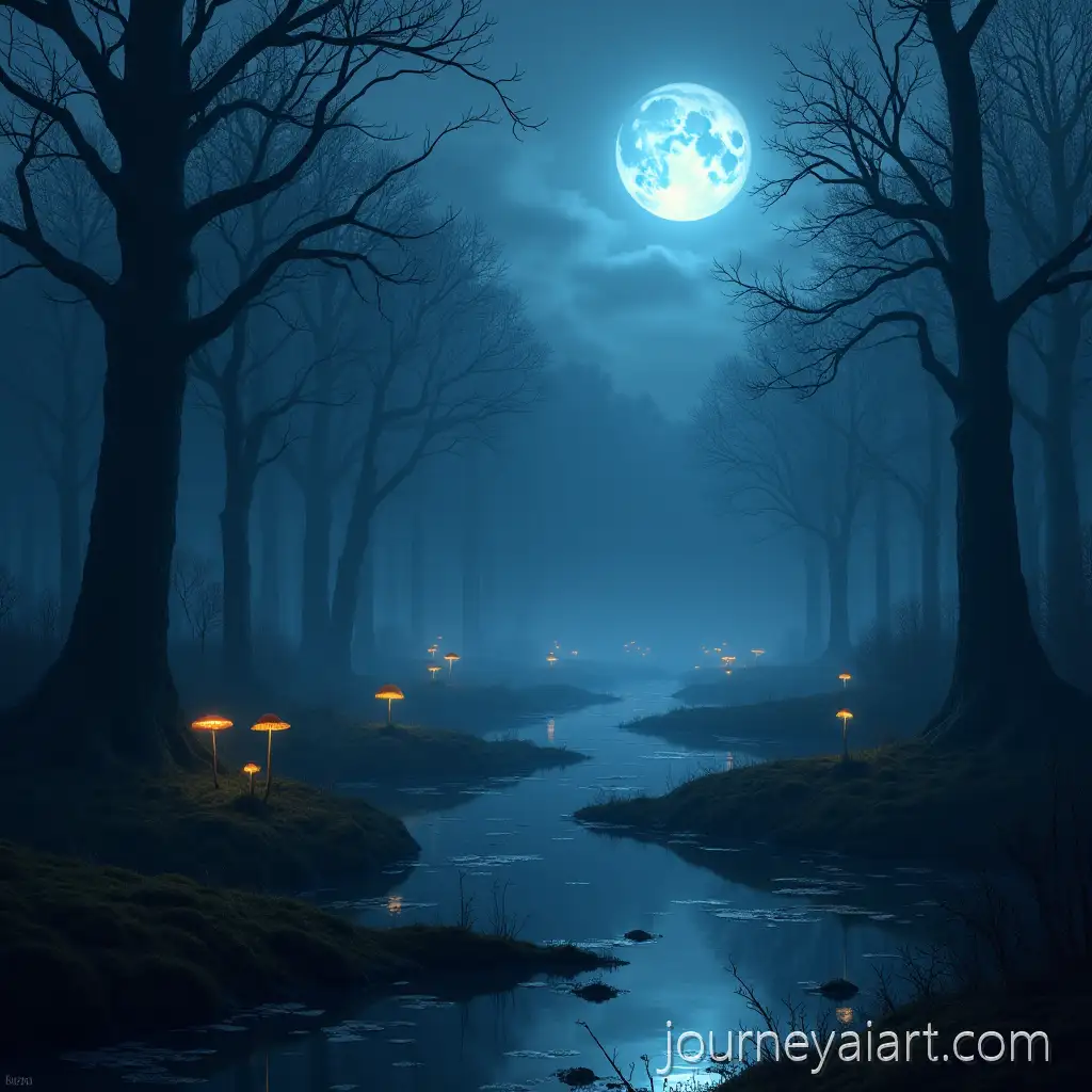 Fantasy-Dark-Magical-Forest-with-Bioluminescent-Mushrooms-and-Ominous-Swamp-atFantasy-dark-magical-forest-Dusk