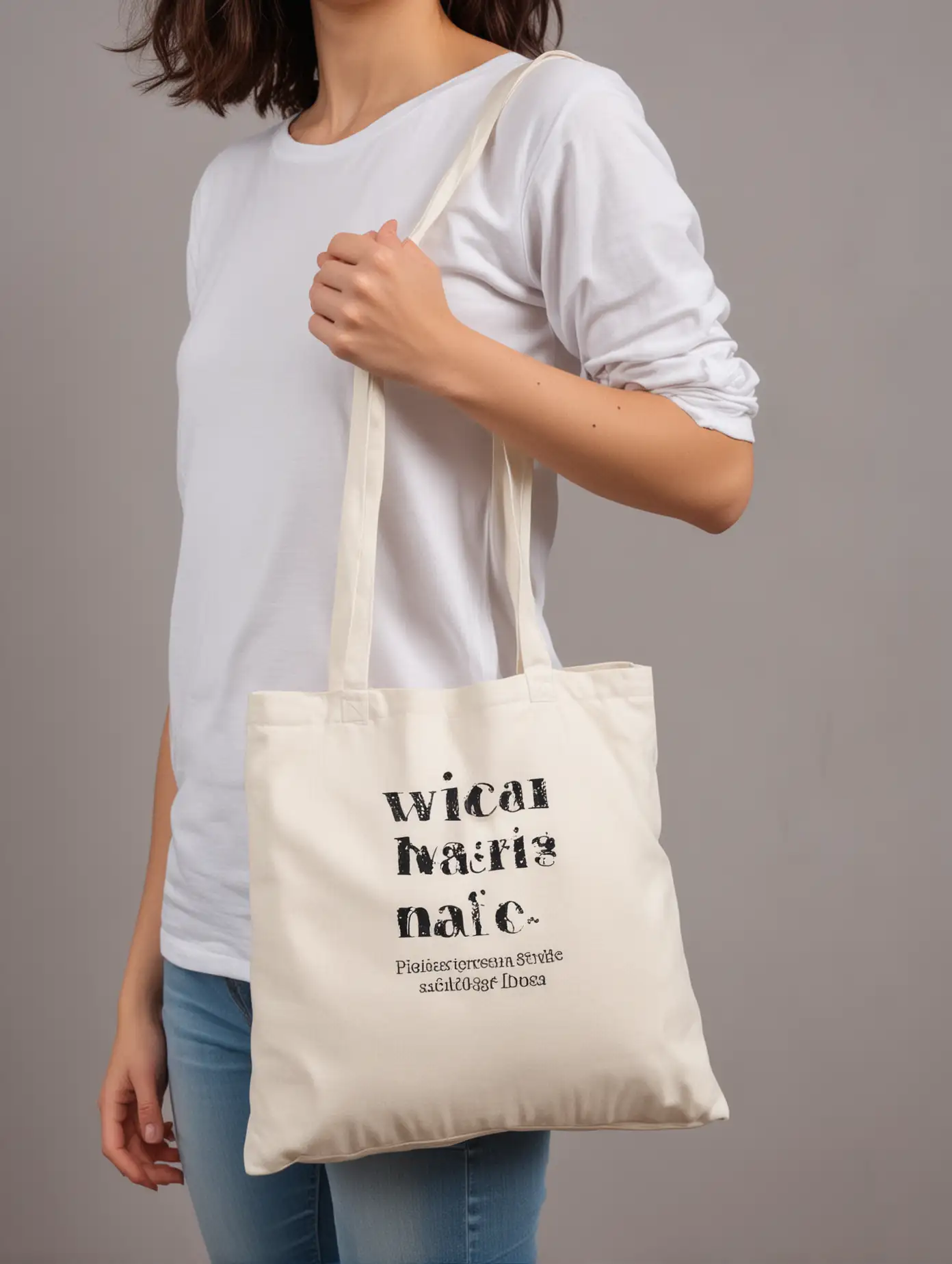 Woman Carrying a Plain White Cotton Shoulder Bag