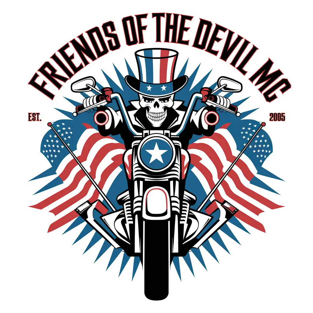 LOGO Design For Friends of the Devil MC Est 2005 Patriotic Skeleton Riding Motorcycle with American Flag Theme