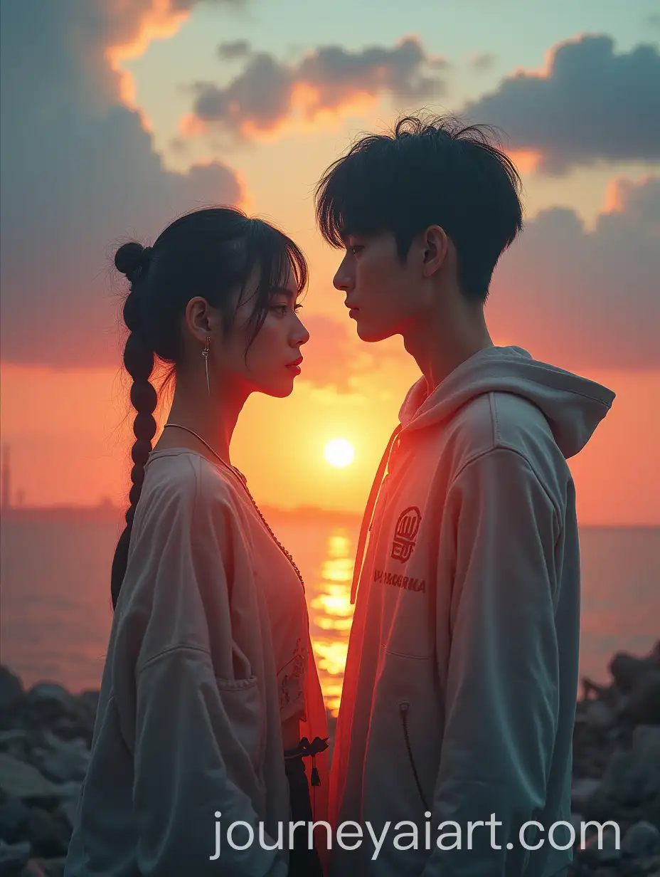 BTS-Chongguk-and-Taehyung-in-Ruined-World-with-Sunset-and-GoddessAI-Image-Prompt-Expansion-Silhouette