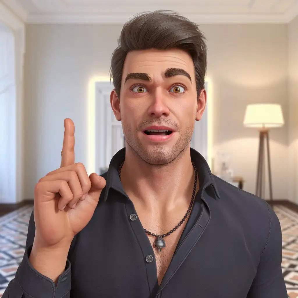 a realistic foolish funny handsome man shows the thumb up and is surprised in front of a bright 3D room