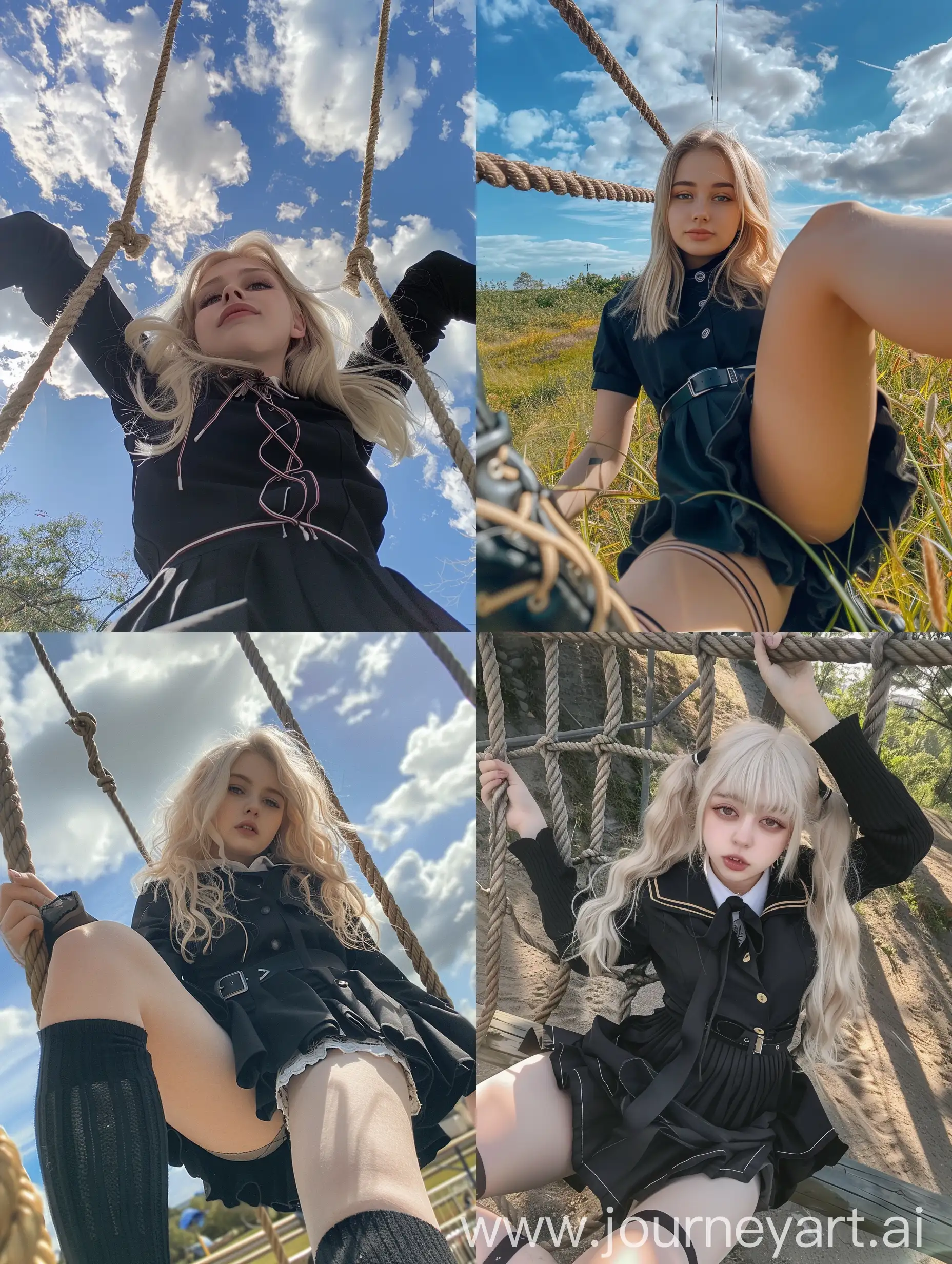 Blond-Hair-Girl-in-Black-Seifuku-Uniform-Taking-Natural-iPhone-Selfie-Outdoors