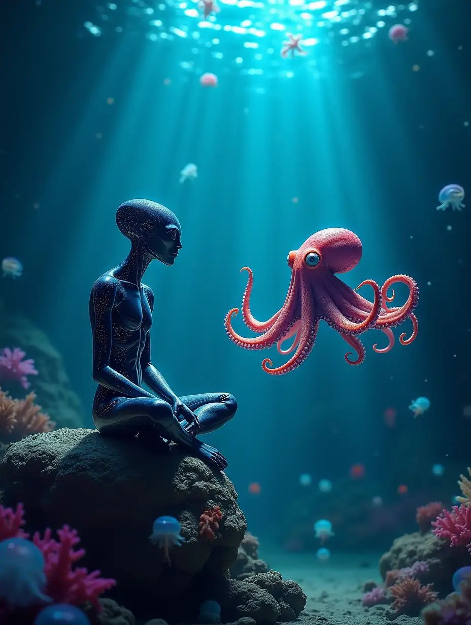 A hyper-realistic 16K resolution image of a humanoid alien and a large octopus engaged in a deep and thought-provoking conversation at the bottom of the ocean. The alien has sleek, bioluminescent skin with glowing patterns and humanoid features, sitting cross-legged on a rock covered in coral. The octopus, with vibrant, shifting colors and intelligent eyes, floats gracefully, using its tentacles to gesture expressively. The ocean floor is illuminated by faint shafts of light breaking through the water, surrounded by glowing marine flora, colorful fish, and ethereal jellyfish. The atmosphere is serene yet mysterious, highlighting the unique connection between these two intelligent beings.