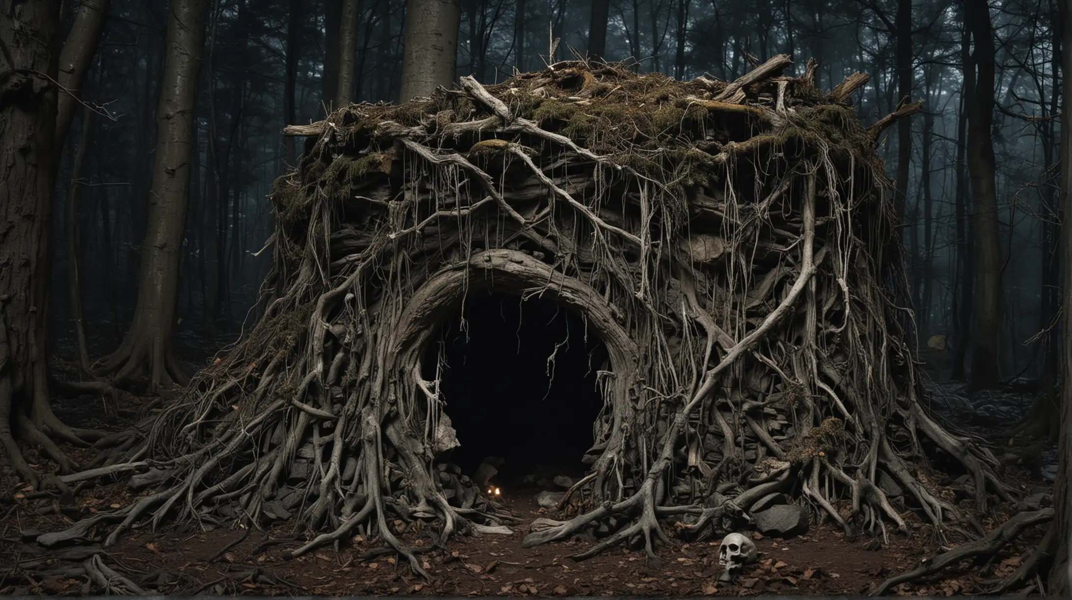 1700s Hidden Witchs Cave Lair in Forest at Night