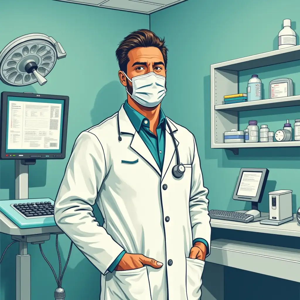 A surgeon doctor in a medical office in pop art style