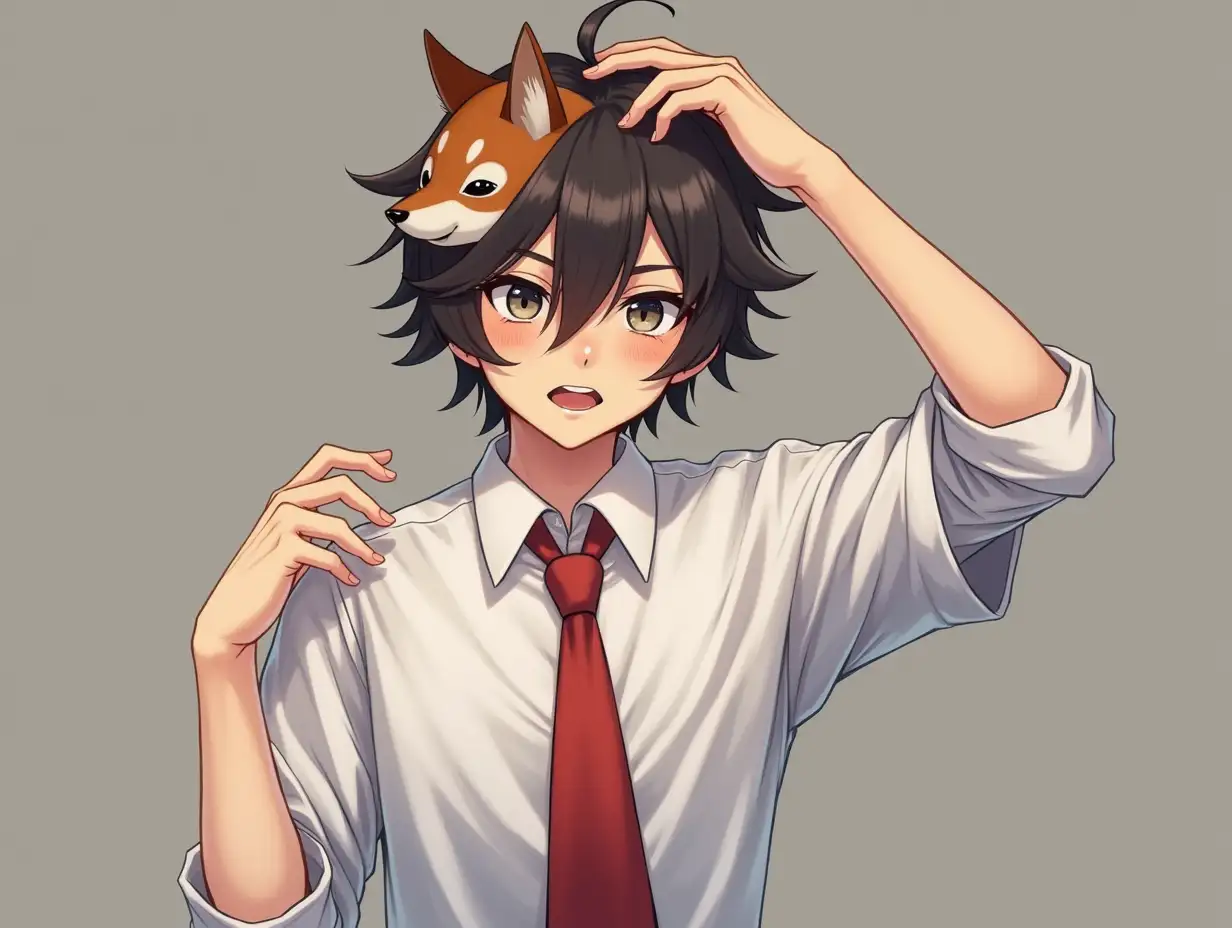 A boy in a white shirt of highschool and a red tie is making expressions, while Scratching behind his head how if was talking with a cam. He has a japanese mask of kitsune on left side of his head.   A photorealistic style.