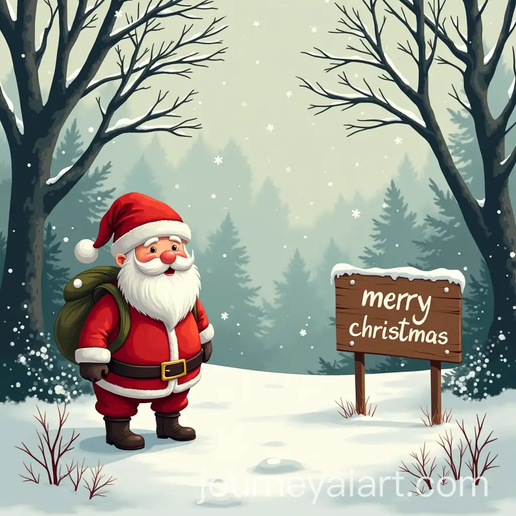 Santa-Claus-and-Merry-Christmas-Sign-on-a-Blurred-Christmas-Tree-Branch-Background