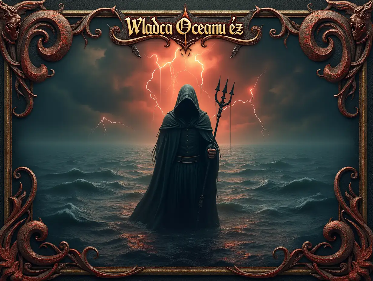Create a hyper-realistic, dark fantasy vinyl album cover for 'Władca Oceanu Łez' ('Lord of the Ocean of Tears'). Main Scene: A vast, endless dark ocean beneath a stormy, apocalyptic sky. In the center stands the 'Ocean Lord' — a solitary, hooded figure in a heavy, salt-worn cloak, holding a broken trident or ancient staff. His face is hidden in deep shadows, faintly illuminated by flashes of lightning. Ghostly spirits swirl beneath the water's surface, reaching toward the figure. Tears fall from the storm clouds, merging with the ocean in crimson streams. Color Palette: Dominant colors are rusty brown, deep blood-red, and intense black. Additional tones: metallic bronze highlights on the water and armor, darkened crimson skies, blackened mist and clouds. Atmosphere: oppressive, mystical, tragic. Special Frame: An ornate, embossed mystical border runs around the edges of the cover. The frame is decorated with ancient oceanic and arcane symbols (tridents, broken crowns, swirling waves, crying eyes) carved as if into oxidized bronze. The embossing should appear aged, slightly corroded, giving an ancient relic feeling. Typography: 'Władca Oceanu Łez' is written at the top in ancient, gothic script, appearing like molten metal — glowing faintly with a dark, rusty red light. No modern elements; everything should feel ancient, heavy, and filled with emotion. Overall Mood: Mournful, majestic, mystical, evoking loss, timelessness, and the crushing power of the dark